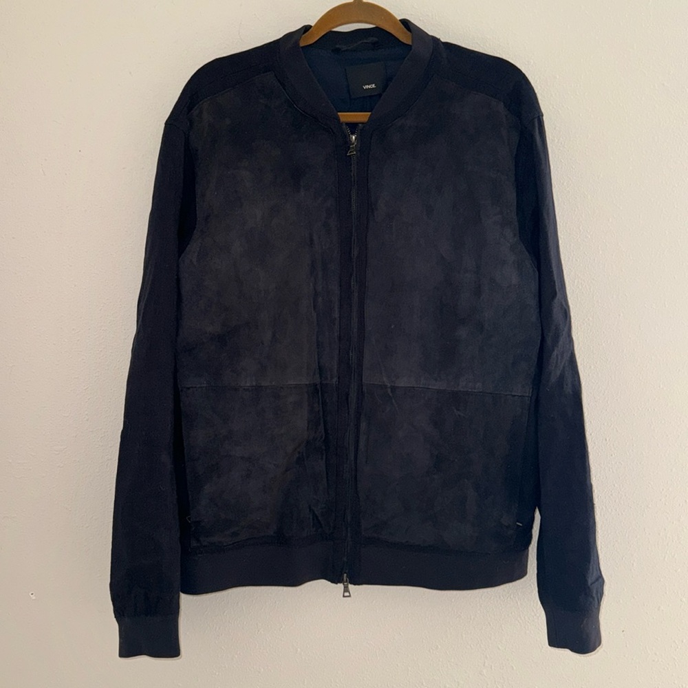 VINCE Jacket Mens S Suede Lamb Leather Bomber Linen Canvas Back Full Zip Blue